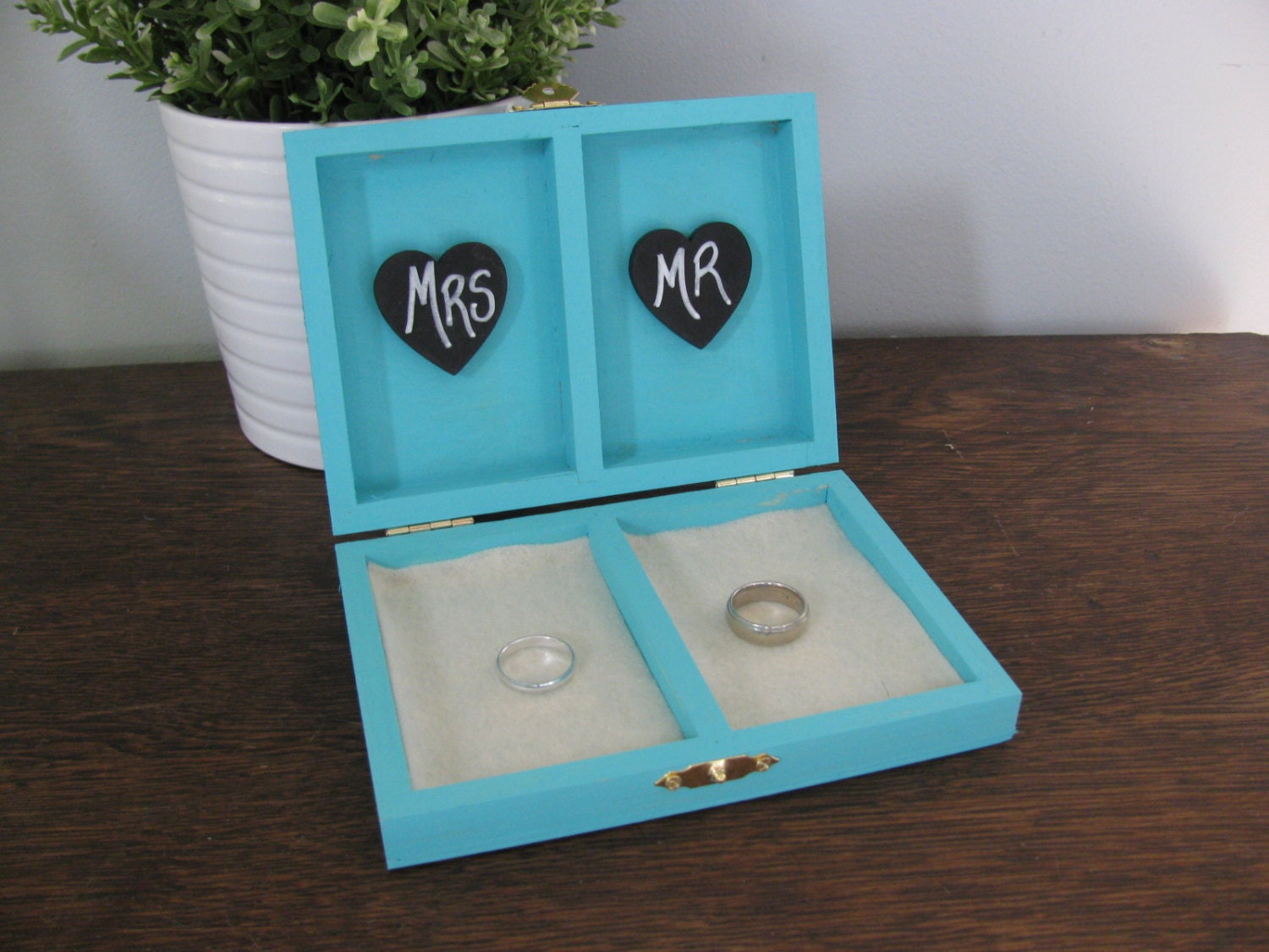 Rustic Personalized Ring Box His and Her's Custom color engraved, ring bearer pillow, chalkboard or wood tag tiffany blue box