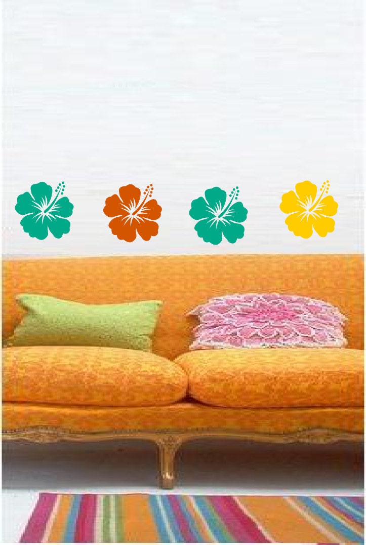 Four Tropical Hibiscuses  Removable Flower Stickers - Hawaiian Inspired - Surf Art Vinyl wall decals flower stickers by 3rdaveshore