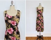 Vintage 1980s Hawaiian Print Dress / Black and Pink Hibiscus Floral Print / Back Tie / Maxi Long 80s Day Dress / Size Small S Medium M