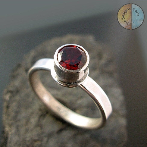 Handmade Solitaire Stacking Ring, 5mm Faceted Garnet, SIZE 5.5