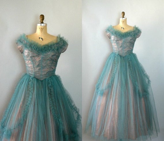 Vintage 1950s Formal Gown - 50s Two Tone Turquoise Tulle Dress - Enchantment Under the Sea