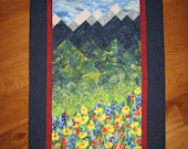 Art Quilt Lake Tahoe Blue Mountains and Flowers Fabric Wall Hanging