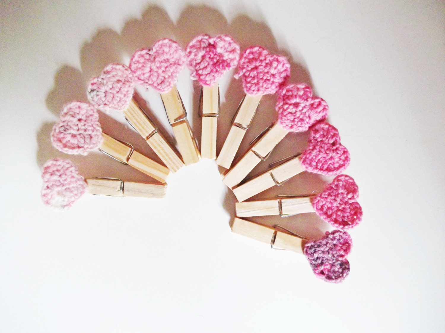 Set Of 10  Mini Clothes Pins - Ombre Pink - Nursery Baby Shower Favors - Granny Square Crochet Hearts - dmtgun3