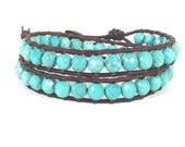 Turquoise Stones on Rustic Brown Leather Double Wrap Bracelet