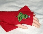 Christmas red wrist warmer Fingerless Gloves Christmas tree Applique upcycled fine merino wool Fingerless Mittens Wrist Warmers  armwarmers