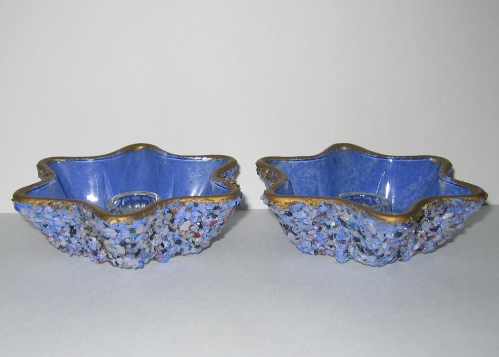Vintage 1950s 60s Gravel Pebble Blue Candle Holders With Star Design