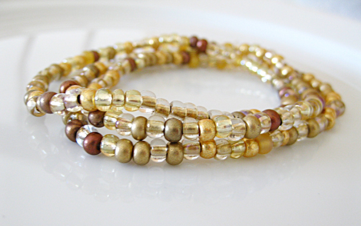Golden Yellow Seed Bead Stretchy Elastic Bracelet Set - 3, three, stacking, layering