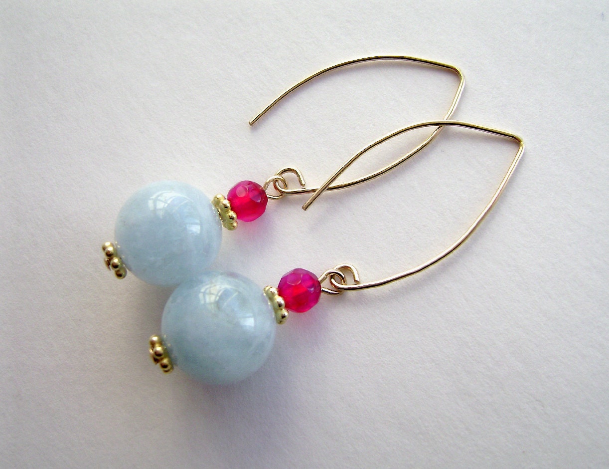 Aquamarine Earrings, Gemstone Jewelry, Ruby Agate, Gold Vermeil, Blue, Pale Blue, Sky, Powder, Baby Blue, 490