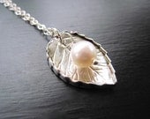 Fine Silver Leaf Necklace, Freshwater Pearl