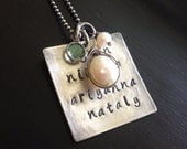 Oxidized Sterling Silver Custom Handstamped Necklace, Large Freshwater Pearl, Birthstone Gems
