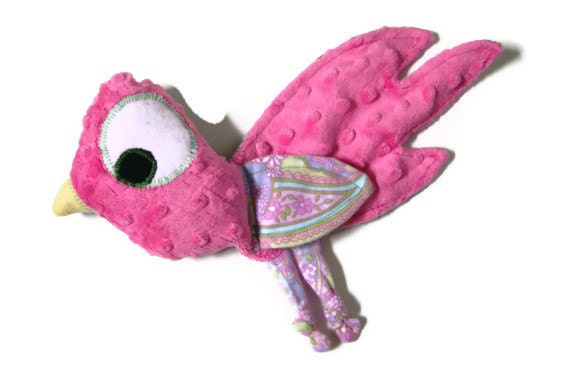Security Blanket Lovie, Plush Bird Lovey, Baby Girl Soft Toy, Woobie, Pink Dot Minky Luvie, Baby Shower Gift READY TO SHIP