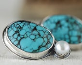 Turquoise  and Pearl Sterling Silver Post Earrings