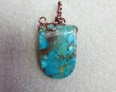 Turquoise colored stone reversible pendant necklace wire wrapped with Antique copper non tarnish wire
