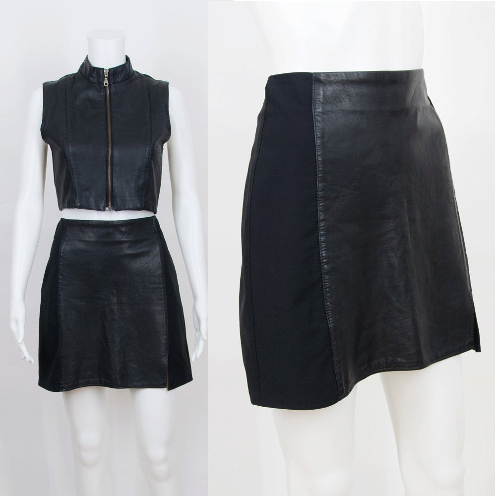 Black Leather Panel Mini Skirt / M