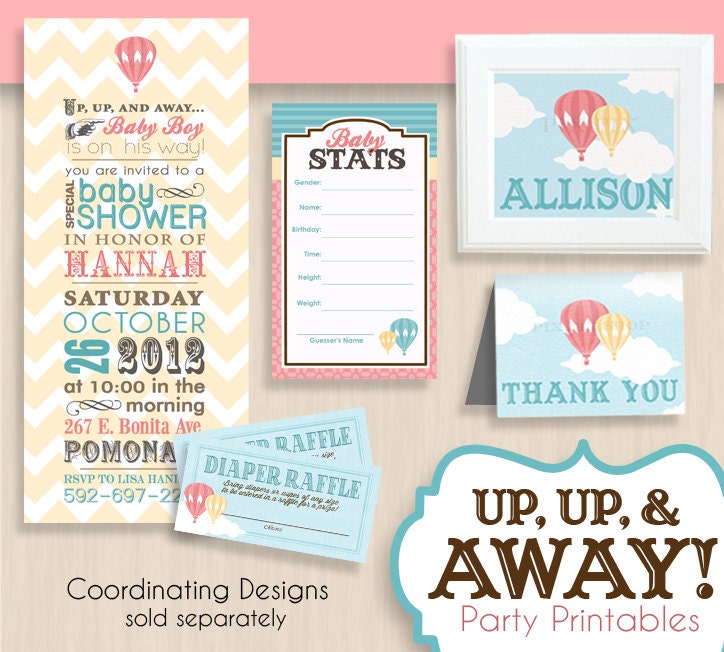 HOT AIR BALLOON Baby Shower Printable Package in Coral- Instant Download