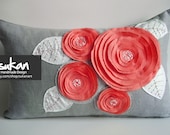 Sukan / ROSE Linen Pillow Cover - Lumbar Pillow - Gray linen Pillow - Roses Pillow -  Watermelon Pillow - 12x20 Pillow Cover