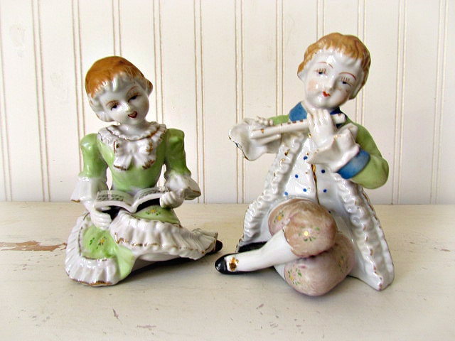 Vintage Porcelain Figurines of Victorian Couple Playing and Enjoying Music