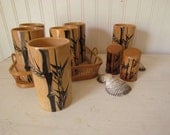 Vintage Bamboo Drink Set with Serving Tray / Real Bamboo Glasses / Tiki Style / Beach Cottage Decor