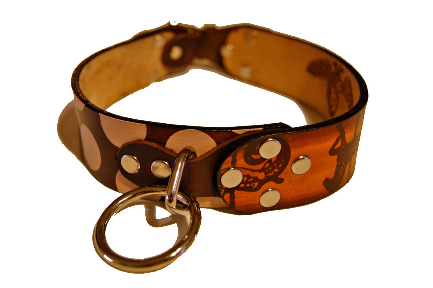 Circus Dog Collar Handmade Leather Screenprinted w Carousel Animals and Polka Dots