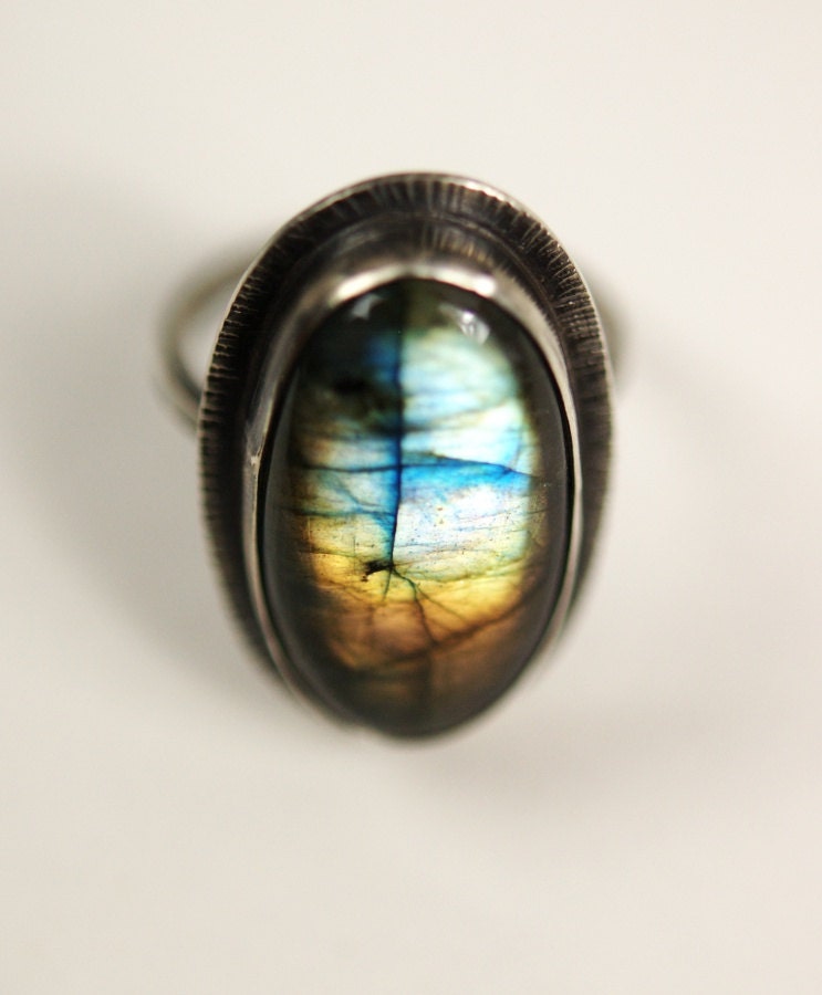 Northern Lights Series: Hammered & Oxidized Sterling Silver Ring with Labradorite -  Fine Jewelry - statement