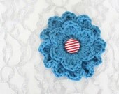 Azure Blue Crochet Button Flower Clip