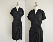 vintage 1940s dress / 40s black draped dress / 1940s black rayon cocktail dress / S