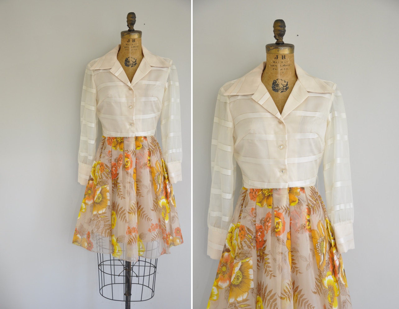 vintage 1960s dress / 60s chiffon floral dress / 60s cream dress