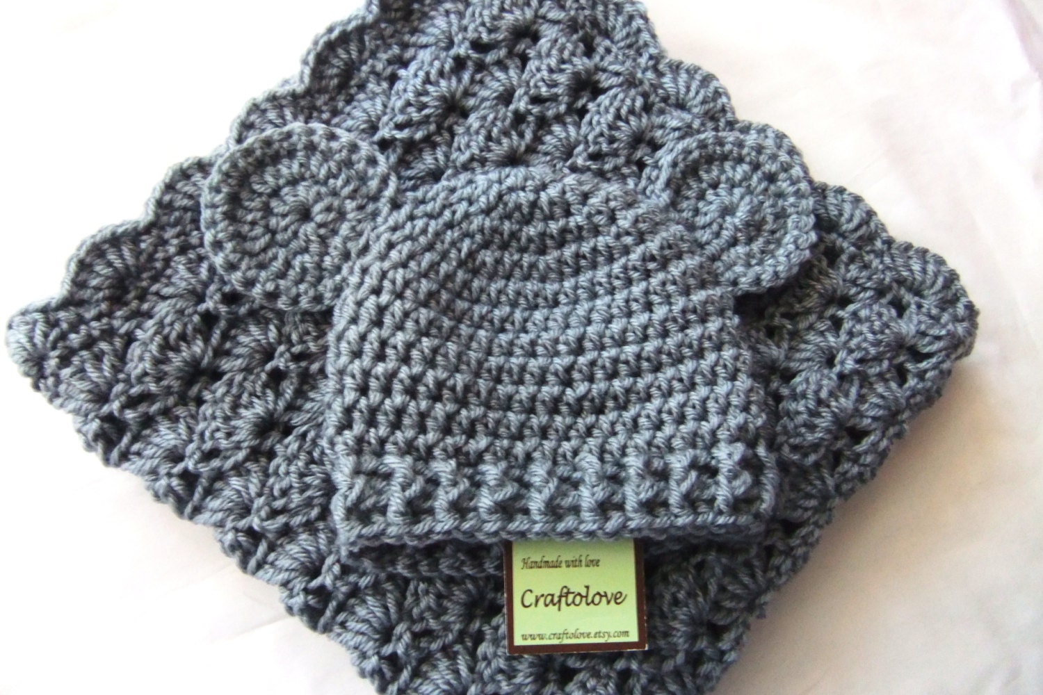 Baby Shower Gift Set - Crochet baby blanket - Baby Boy and Baby Girl Blanket Silver Grey Stroller/Travel size and Teddy Bear Hat