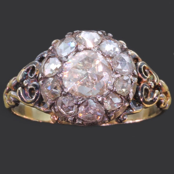 Antique diamond ring - Black enamel silver yellow gold rose cut diamonds Georgian Jewelry