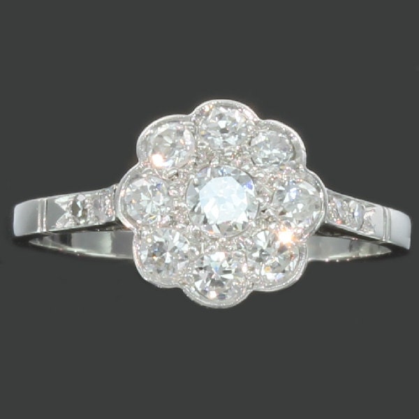 Art Deco diamond engagement ring platinum cluster daisy old European cut diamond wedding ring Fine vintage jewelry 1920s ref.13136-0039