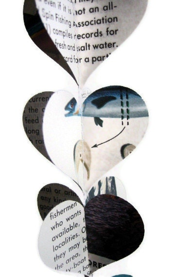 Fishing- Heart Garland- Repurposed Vintage Field Guide to Fishing- Landfill- friendly Decoration