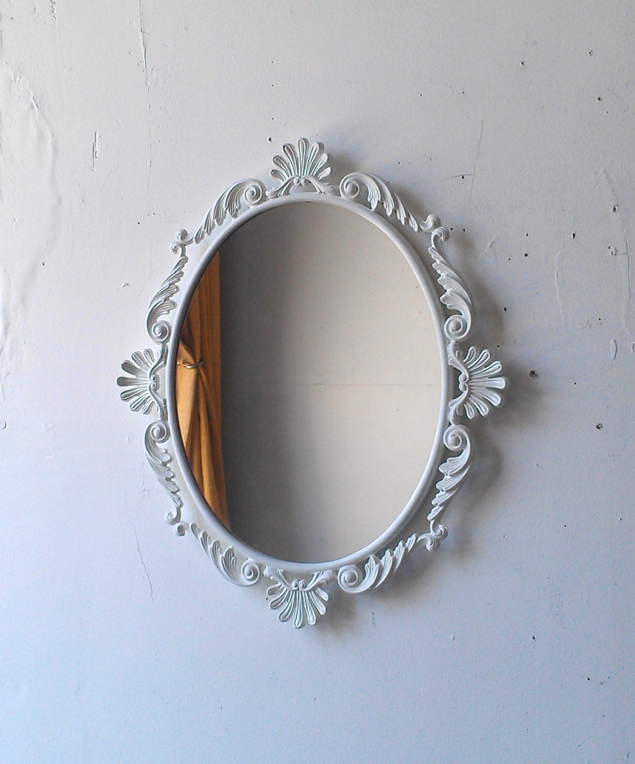 White Oval Mirror in Vintage Metal Frame - 15 x 13 inch