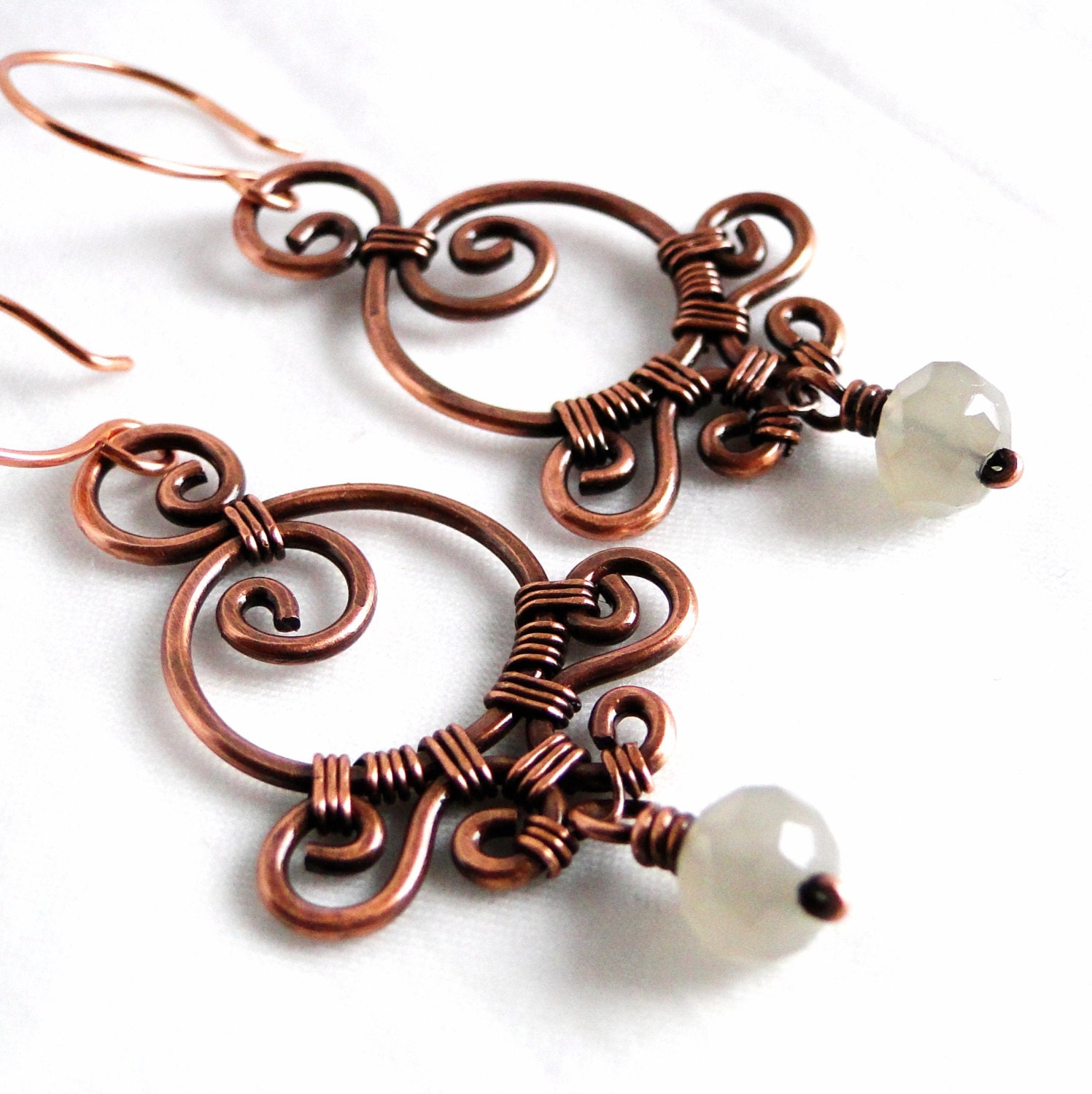 Ornamental Earrings, Wire Wrapped Jewelry, Faceted Grey Glass, Antiqued Copper, Handcrafted Earrings