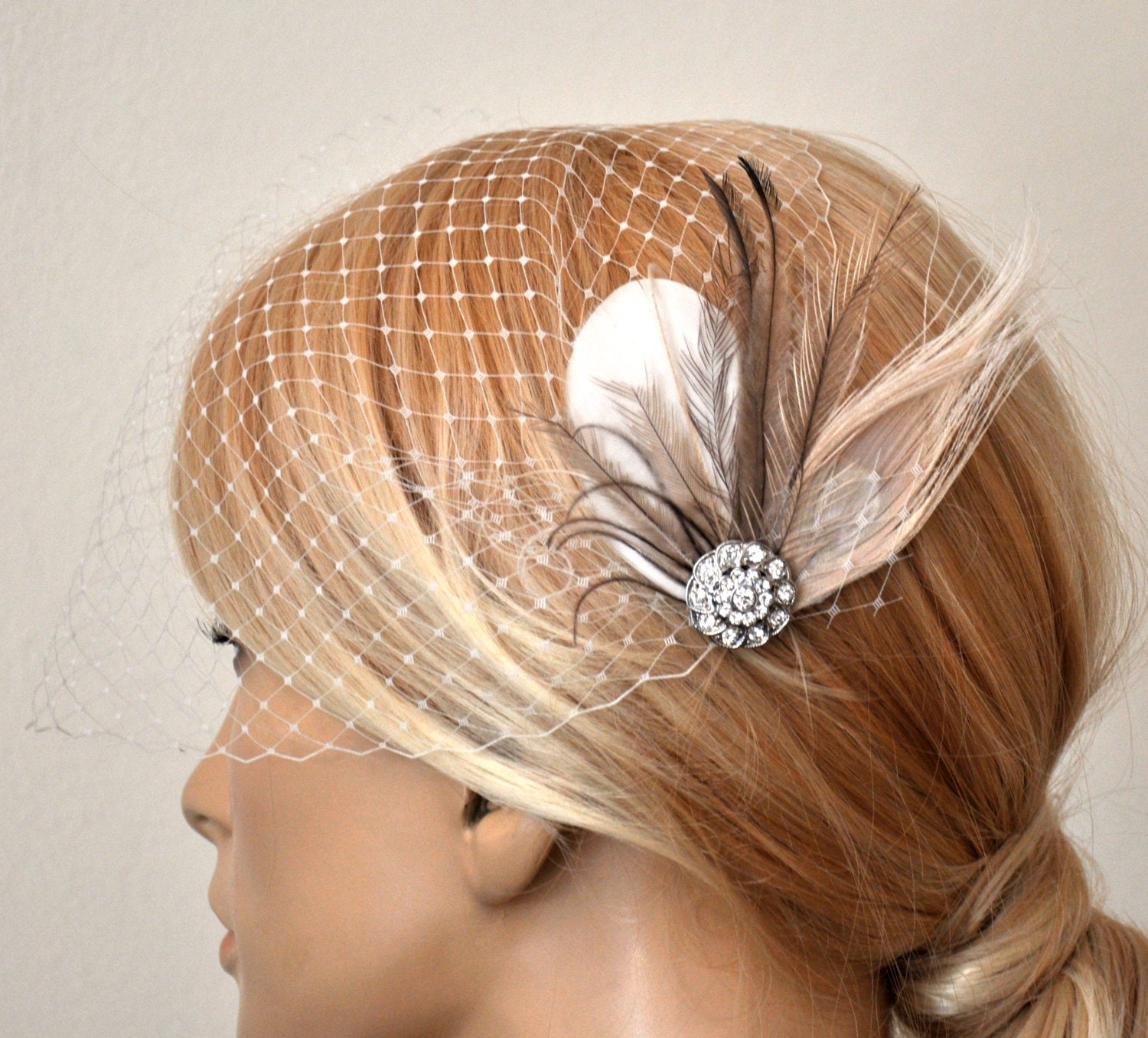 Birdcage Veil ,peacock Feathers Fascinator,(2 ITEMS),bridal Feathers Fascinator, Hair Accessories,bridal head piece