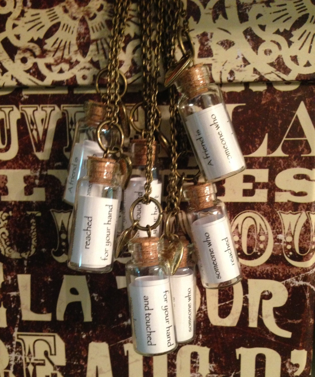 Bridesmaids Set of Five Message in a Bottle Necklaces with Heart . Friendship . Bridesmaids Gift . Wedding . Antique Brass . Handmade