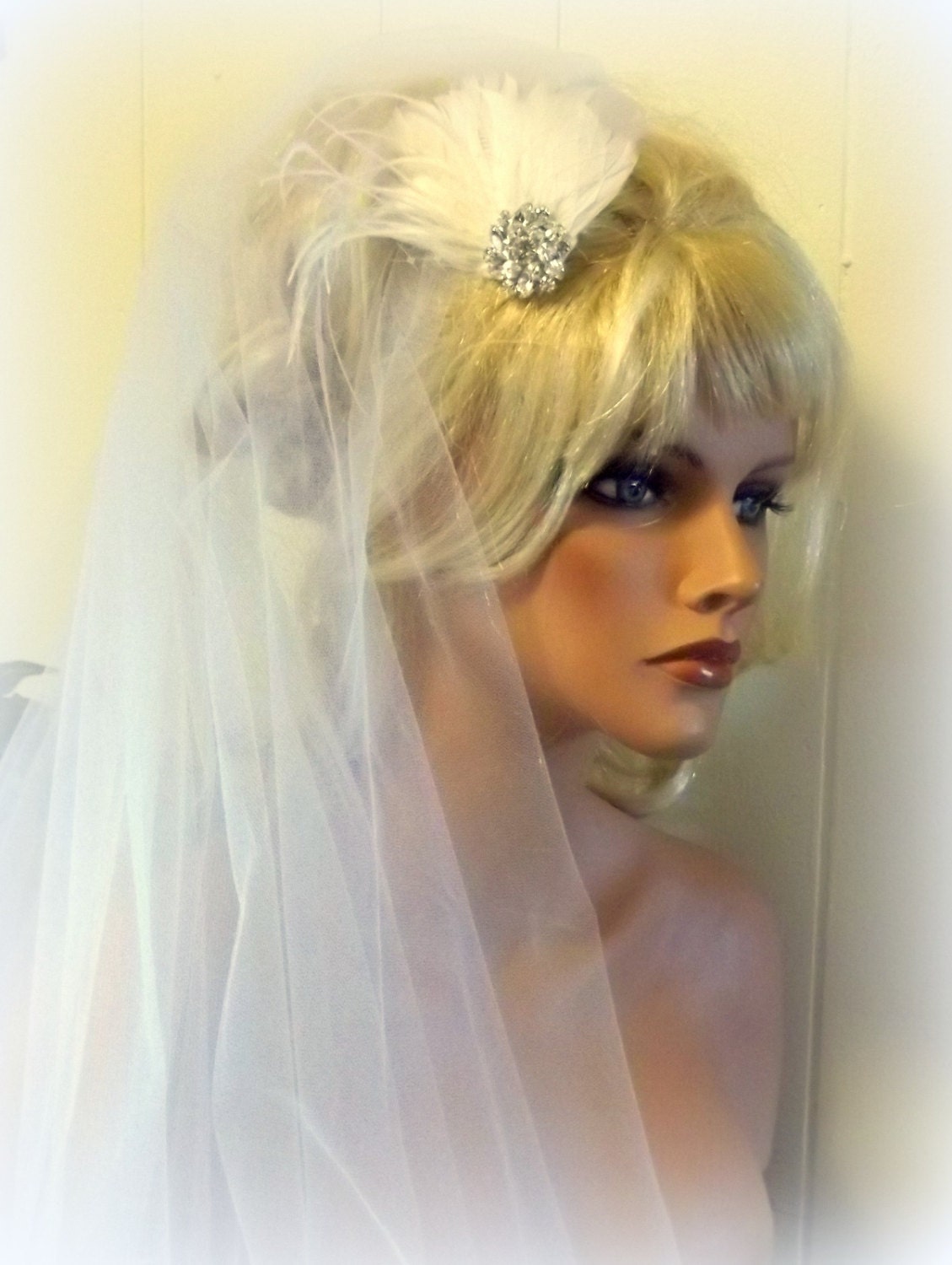 BRIDAL VEIL and FASCINATOR set Bridal Veil, illusion tulle veil - white or ivory - wedding veil 2 tier elbow length
