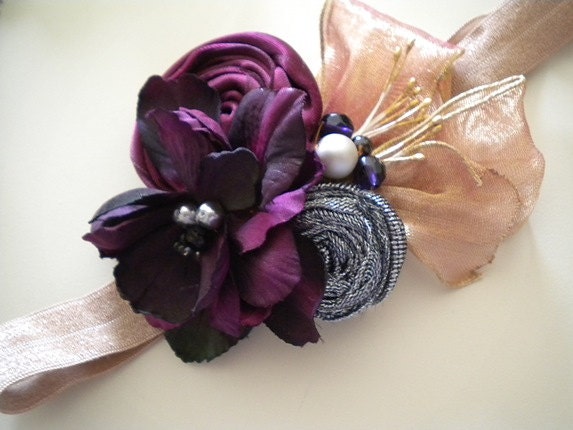 Purple Plum Silver Flowers & Blush Bow  Headband Photo Prop Kids