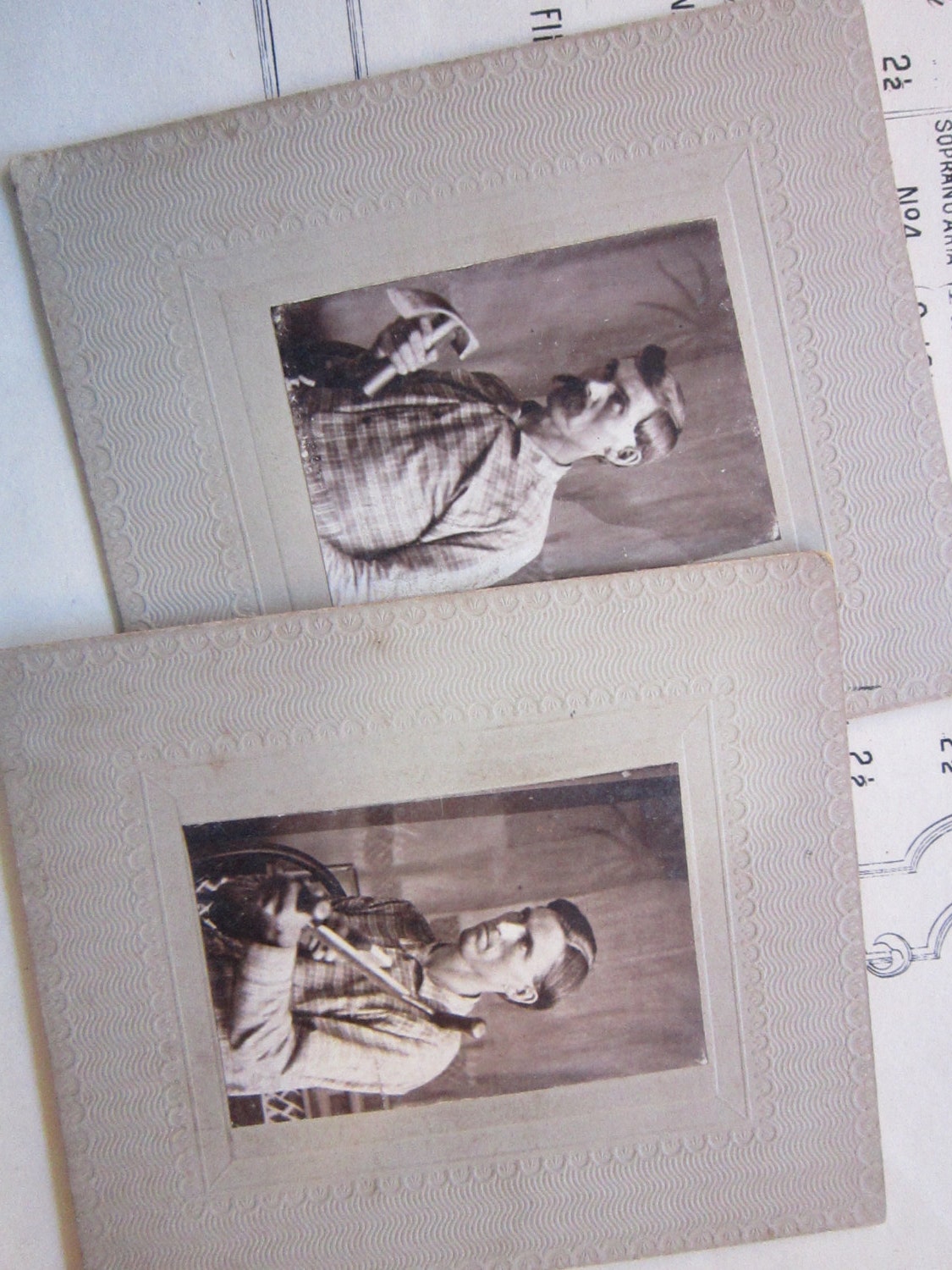 SALE - 2 antique photos - MEN with TOOLS - adze and draw planer, trade, unique, props