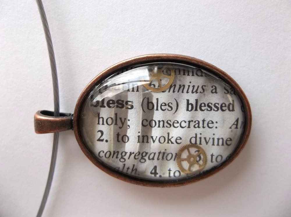 Bless Dictionary page pendant necklace watch gears under glass