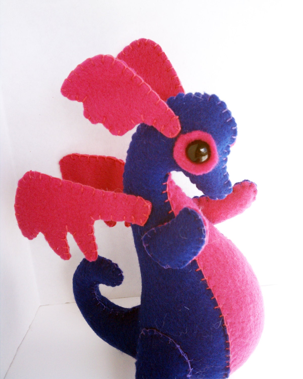 Baby Dragon felt plush stuffed animal- Dark blue with hot pink
