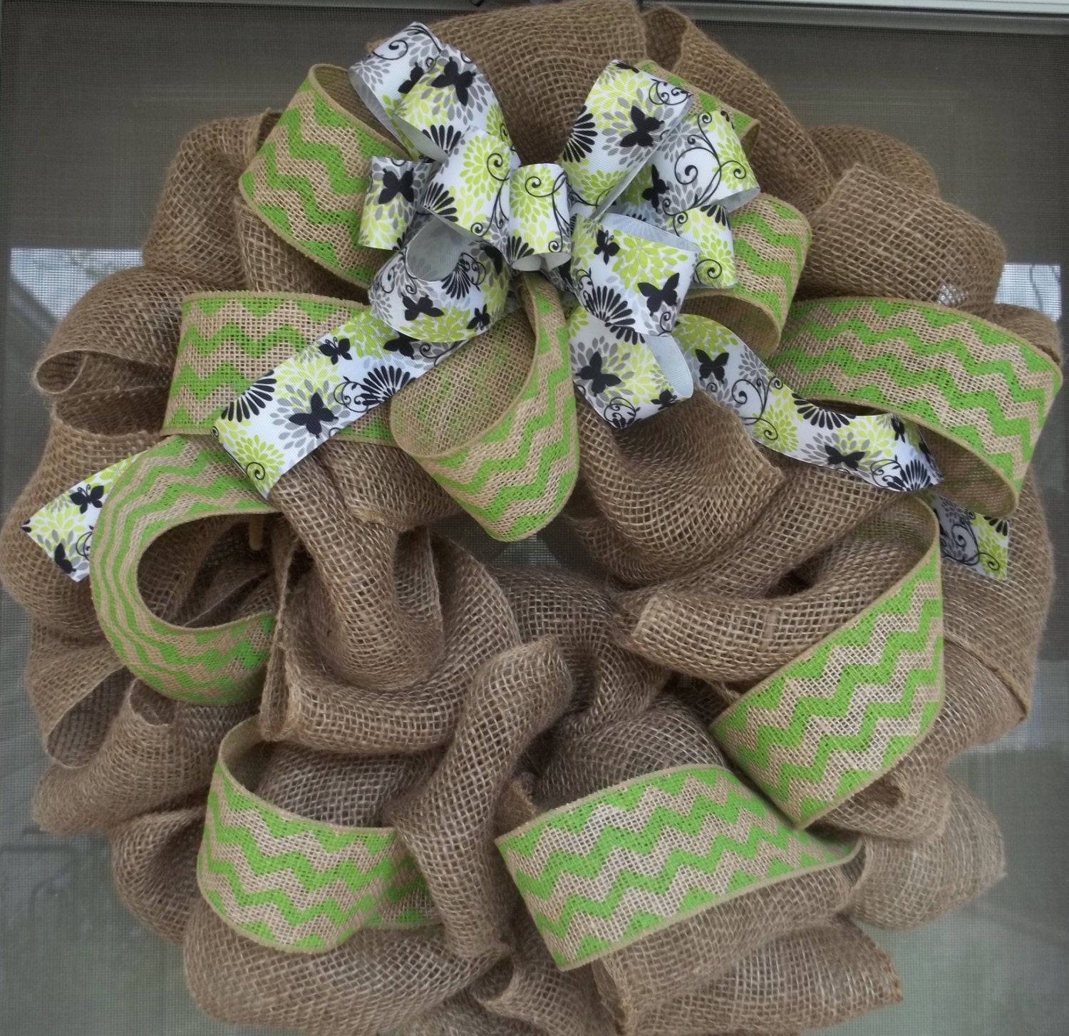RESERVED for Stephanie,Burlap Wreath,Wreath,Summer wreath,home decoration,birthday gift,Outdoor decor,Lime green chevron ribbon,Butterflies