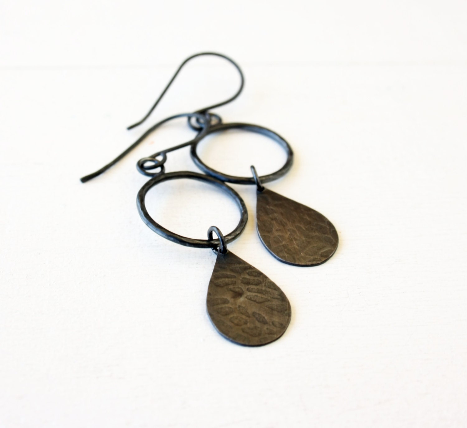 Circle and drop earrings in oxidized silver dangle earrings with embossed wing design / black earrings handmade FREE SHIPPING