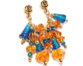 Long Blue and Gold Dangle Chandelier Earrings Crystal and lampwork glass earrings teal blue, amber, topaz, gold, on rose post