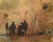 Ice Boat Race - Mixed Media - Michigan - Patina Rust and coffee Stain - Charcoal and Watercolor on Map