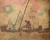 Ice Boat Race - Mixed Media - Michigan - Patina Rust and coffe Stain - Charcoal and Watercolor on Map