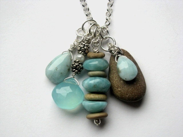 Turquoise Blue Larimar, Seafoam Green Chalcedony and Wellfleet Beach Rock Necklace in Sterling Silver