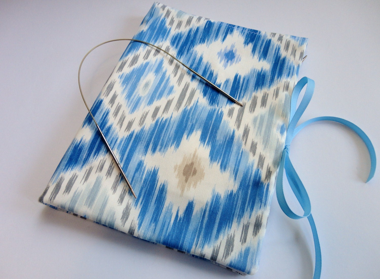 Circular Needle Organizer Blue Ikat Fabric Needle Case