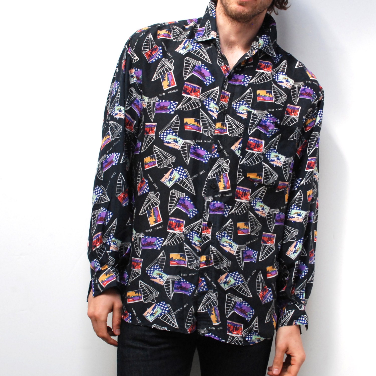 SILK black sail boat SURF HAWAII 90's long sleeve button up shirt