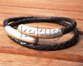 Unisex men women  braided dark brown leather bracelet magnet tube sterling silver plated