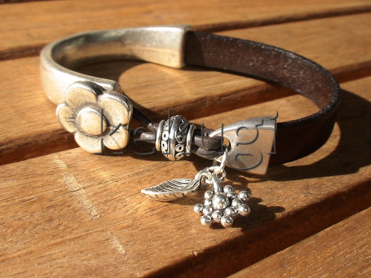 women brown leather bracelet sterling silver plated half bracelet cuff button clasp  flower finding jewellery